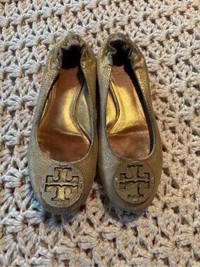 Tory Burch Metallic Gold Logo Ballet Flats